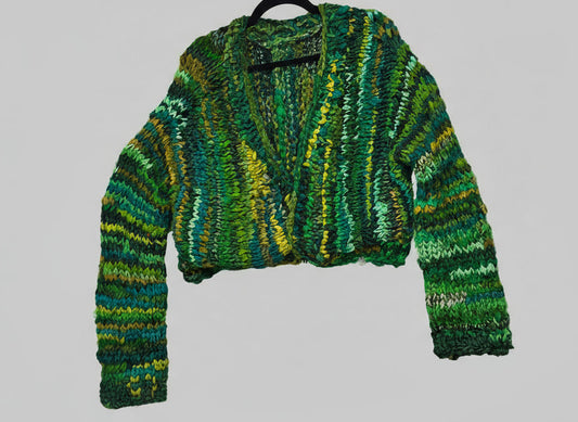 Custom kinit upcycled green sari silk cropped jacket. Size M